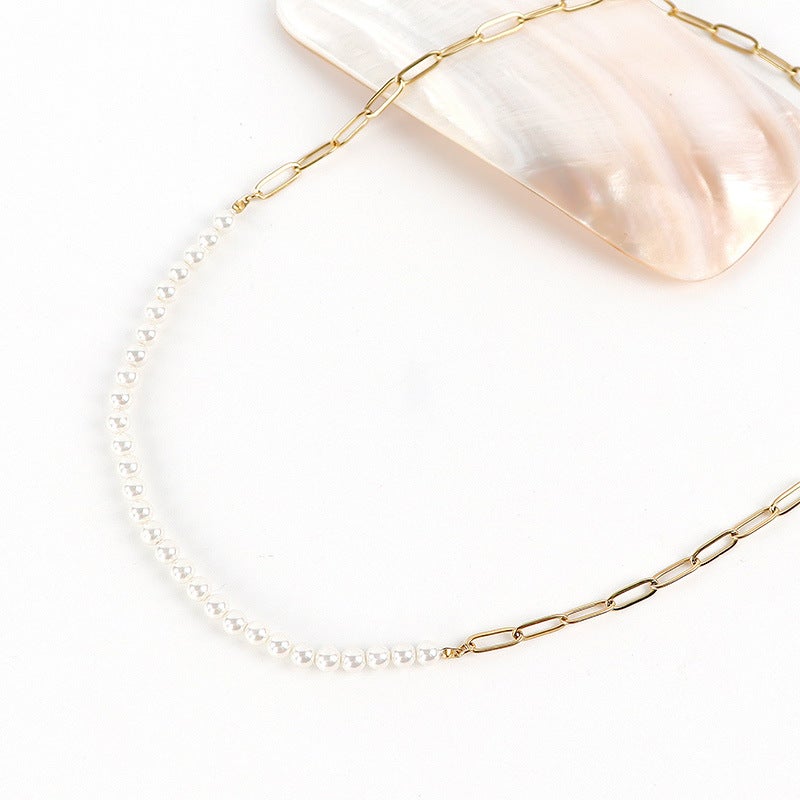 Simple Cross Chain Stitching Pearl Necklace Titanium Steel Electroplating 14K Gold Clavicle Chain Niche High-End Accessories - Image 5